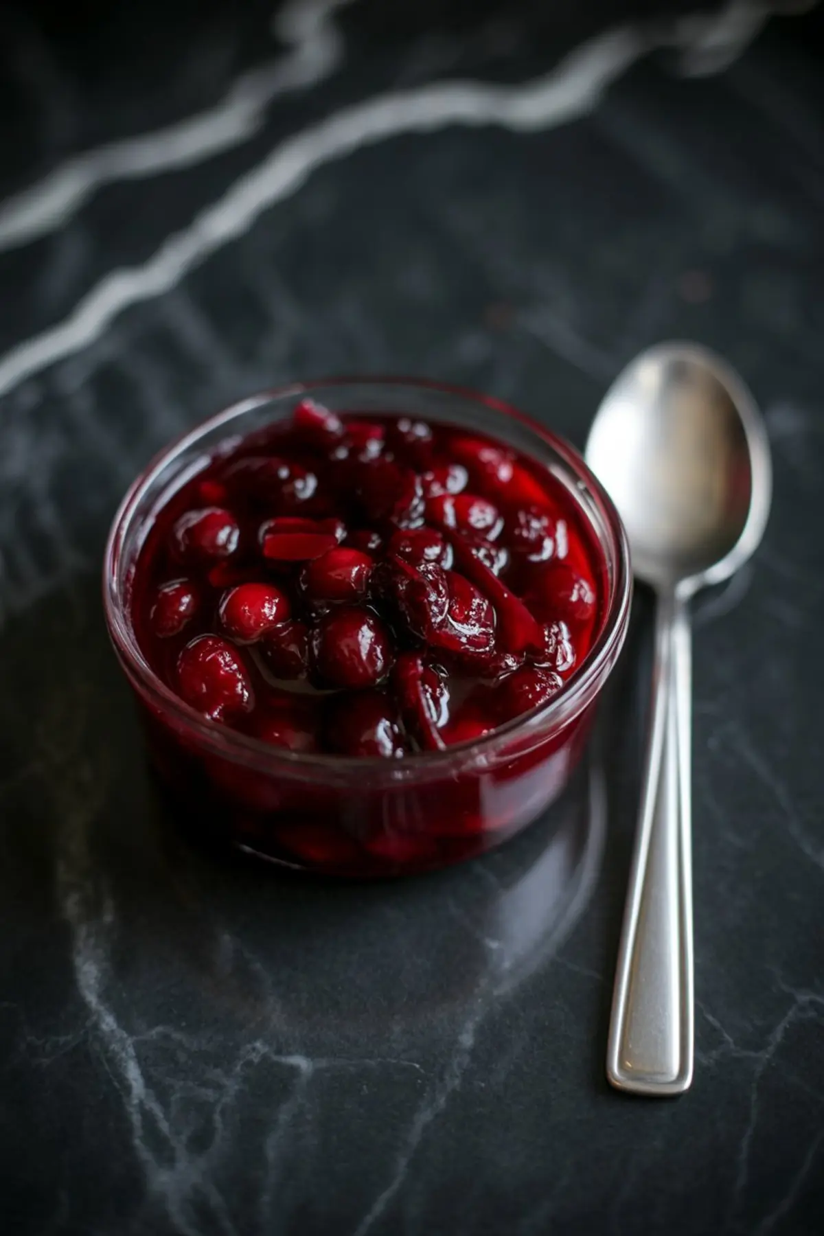 Glass bowl of homemade cranberry sauce with whole berries in glossy red syrup, placed on a dark marble surface with a silver spoon beside it.
