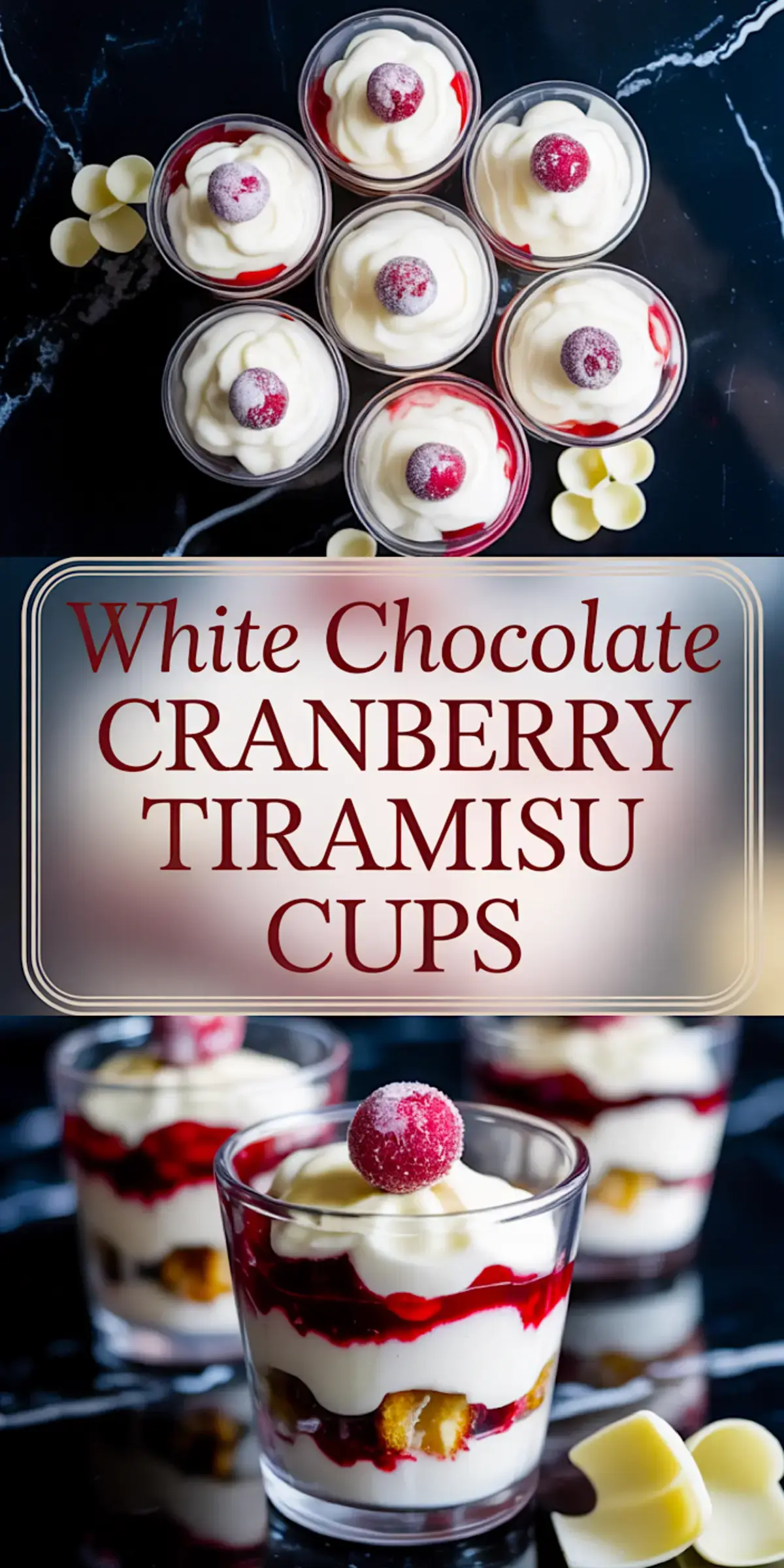 Collage image featuring white chocolate cranberry tiramisu cups. The top half shows an overhead layout of individual cups topped with sugared cranberries and surrounded by white chocolate curls. The bottom half presents a close-up side view of the layered dessert in clear glasses, showcasing cranberry compote, mascarpone filling, and ladyfinger layers.
