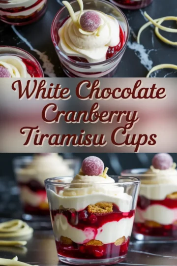Collage image of elegant white chocolate cranberry tiramisu cups. The top half shows a glass topped with whipped mascarpone, a sugared cranberry, and white chocolate curls. The bottom half provides a close-up view of the glass layers with mascarpone, cranberry sauce, and crumbled ladyfingers.