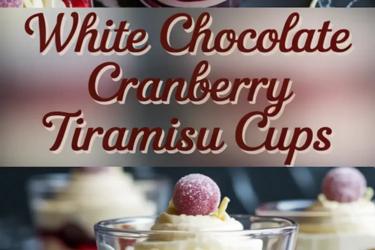 Collage image of elegant white chocolate cranberry tiramisu cups. The top half shows a glass topped with whipped mascarpone, a sugared cranberry, and white chocolate curls. The bottom half provides a close-up view of the glass layers with mascarpone, cranberry sauce, and crumbled ladyfingers.