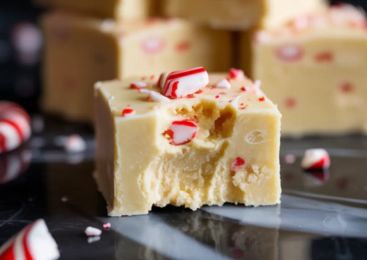 Close-up of a creamy white chocolate peppermint fudge square with a bite taken out, featuring vibrant red crushed peppermint pieces embedded in the smooth candy.

