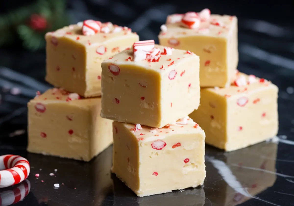 Stacked cubes of white chocolate peppermint fudge on black marble, each piece packed with red and white peppermint candy and topped with crushed candy for a festive holiday dessert presentation.
