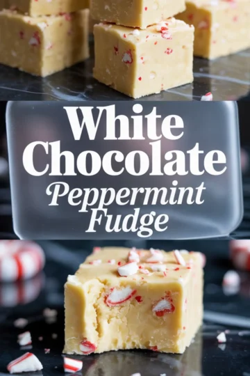 Vertical collage featuring white chocolate peppermint fudge squares, with top section showing neatly stacked pieces and bottom showcasing a close-up of a bitten fudge square, overlaid with bold text reading “White Chocolate Peppermint Fudge.”