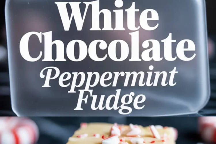Vertical collage featuring white chocolate peppermint fudge squares, with top section showing neatly stacked pieces and bottom showcasing a close-up of a bitten fudge square, overlaid with bold text reading “White Chocolate Peppermint Fudge.”