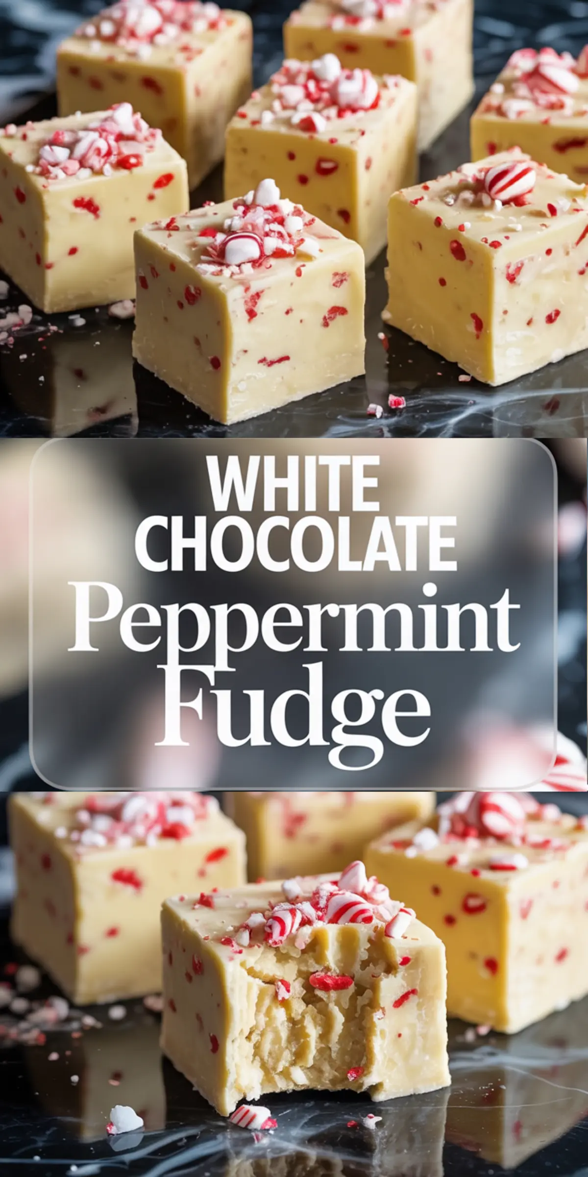 Two-part vertical collage with overhead and close-up views of white chocolate peppermint fudge pieces topped with crushed peppermint, centered text overlay reads “White Chocolate Peppermint Fudge” in bold white font.
