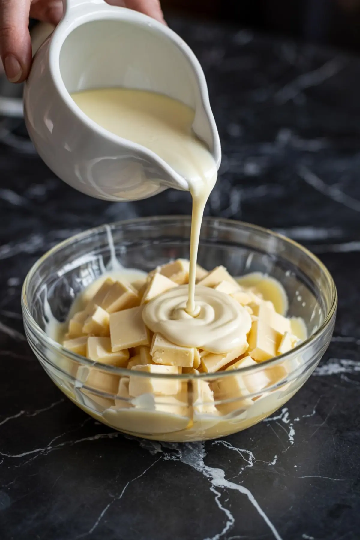 Close-up of white chocolate chunks in a glass bowl being topped with a stream of thick cream from a white ceramic pitcher, set on a black marble surface.
