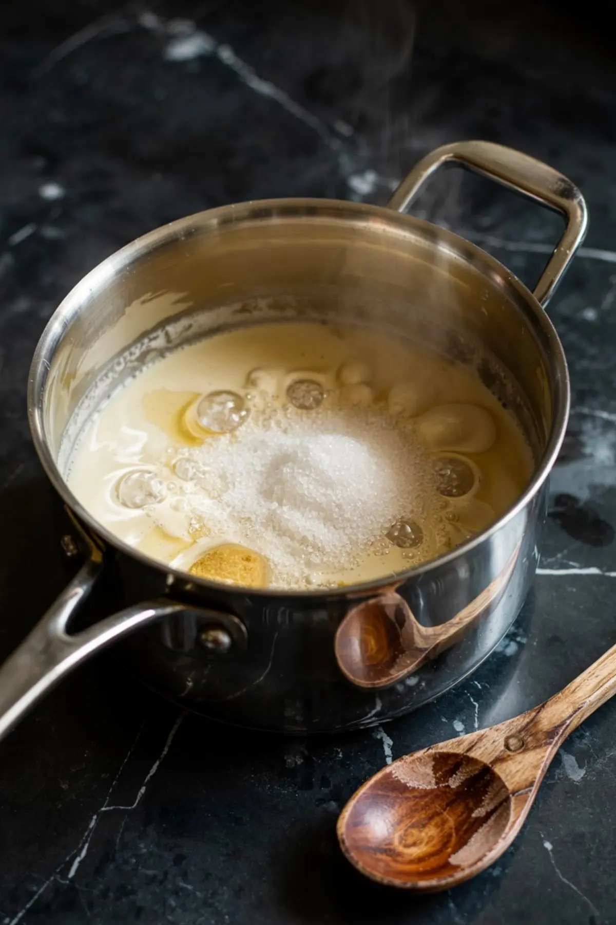Overhead view of a saucepan with sugar, vanilla, and cream melting on a stovetop, surrounded by steam and a wooden spoon resting nearby on a dark marble counter.
