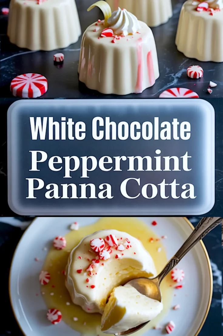 Collage of white chocolate peppermint panna cotta dessert with piped cream and crushed peppermint garnish, accompanied by the dessert plated with sauce and peppermint candies, labeled “White Chocolate Peppermint Panna Cotta.”