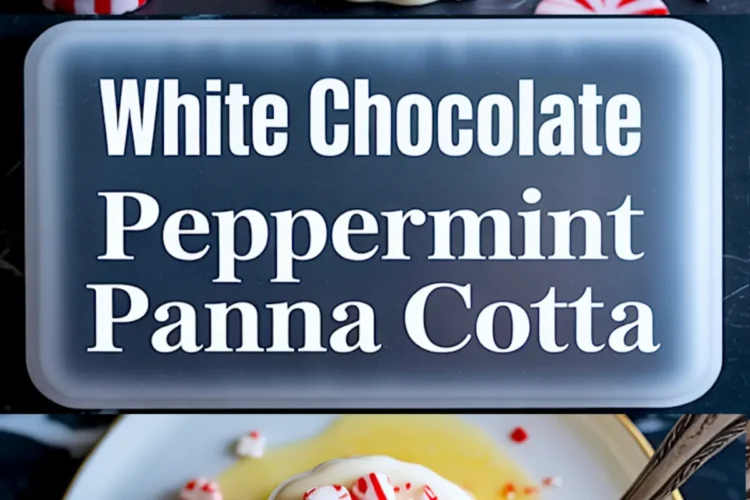 Collage of white chocolate peppermint panna cotta dessert with piped cream and crushed peppermint garnish, accompanied by the dessert plated with sauce and peppermint candies, labeled “White Chocolate Peppermint Panna Cotta.”