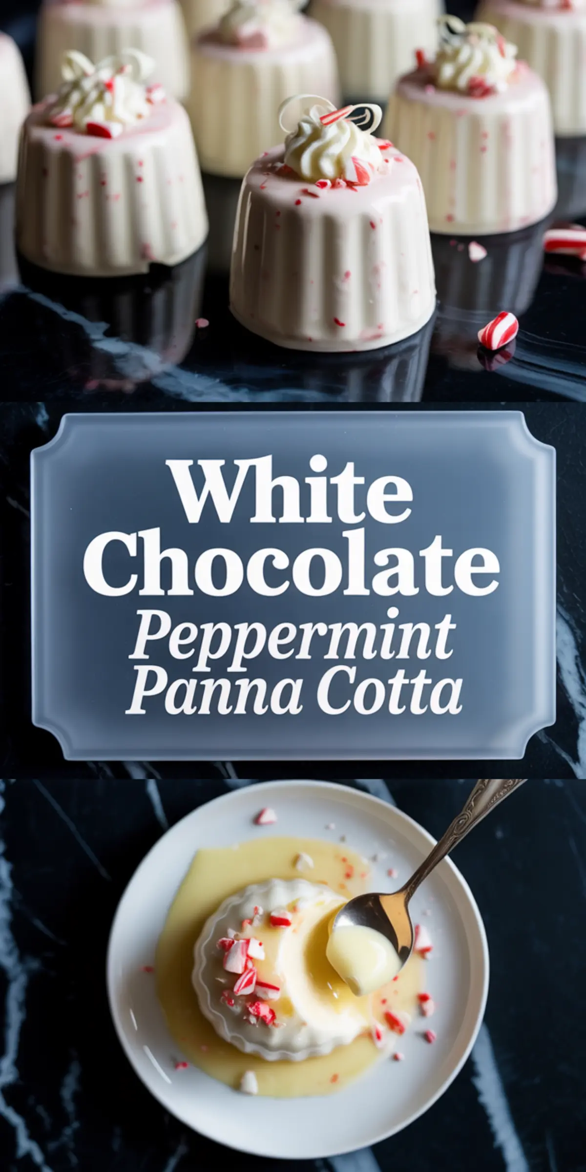 Collage featuring white chocolate peppermint panna cotta topped with whipped cream and candy cane curls, plus a spoonful of panna cotta served on a white plate with golden sauce and crushed peppermint.
