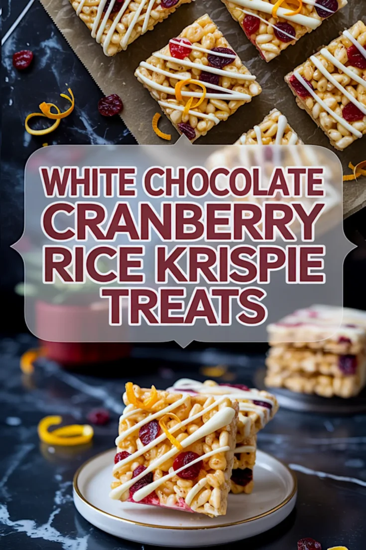 Collage showing close-up views of white chocolate cranberry Rice Krispie treats on a plate, decorated with white chocolate drizzle and orange peel ribbons, with stacked bars blurred in the background.