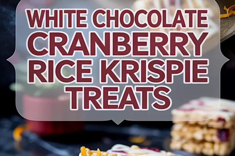 Collage showing close-up views of white chocolate cranberry Rice Krispie treats on a plate, decorated with white chocolate drizzle and orange peel ribbons, with stacked bars blurred in the background.