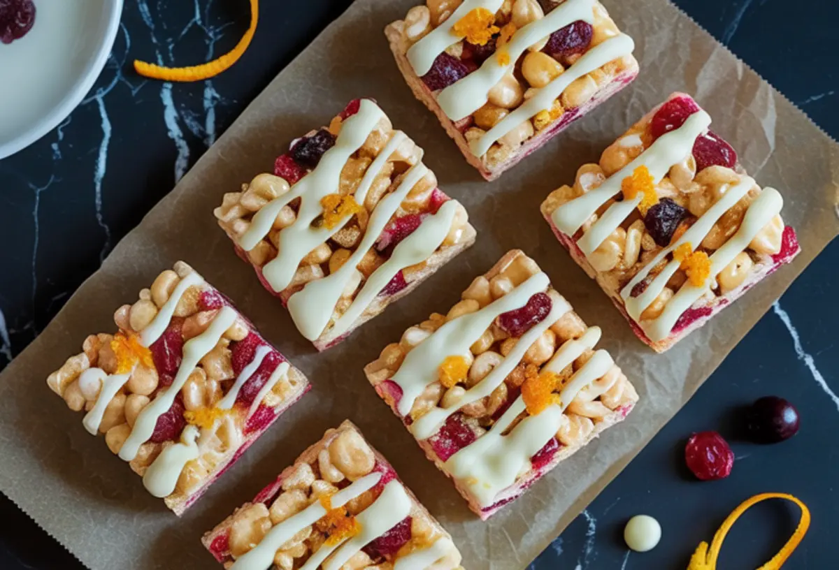 Six white chocolate cranberry Rice Krispie squares arranged on parchment paper, each drizzled with white chocolate and sprinkled with orange zest.