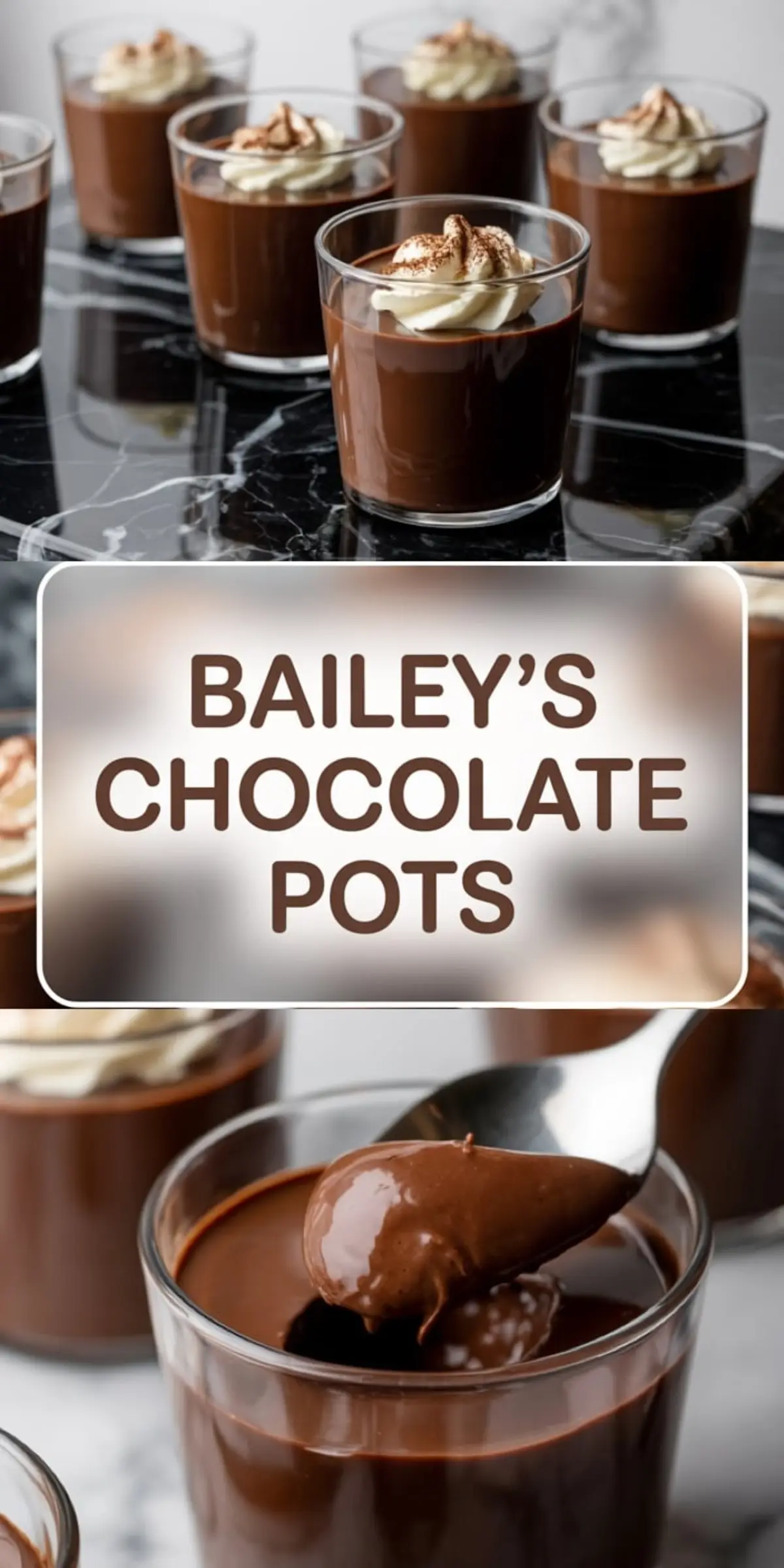 Glass dessert cups filled with creamy Baileys chocolate ganache, each topped with whipped cream and dusted cocoa, displayed on black marble. One close-up shows a spoon lifting thick chocolate mousse from the glass, highlighting the rich texture.