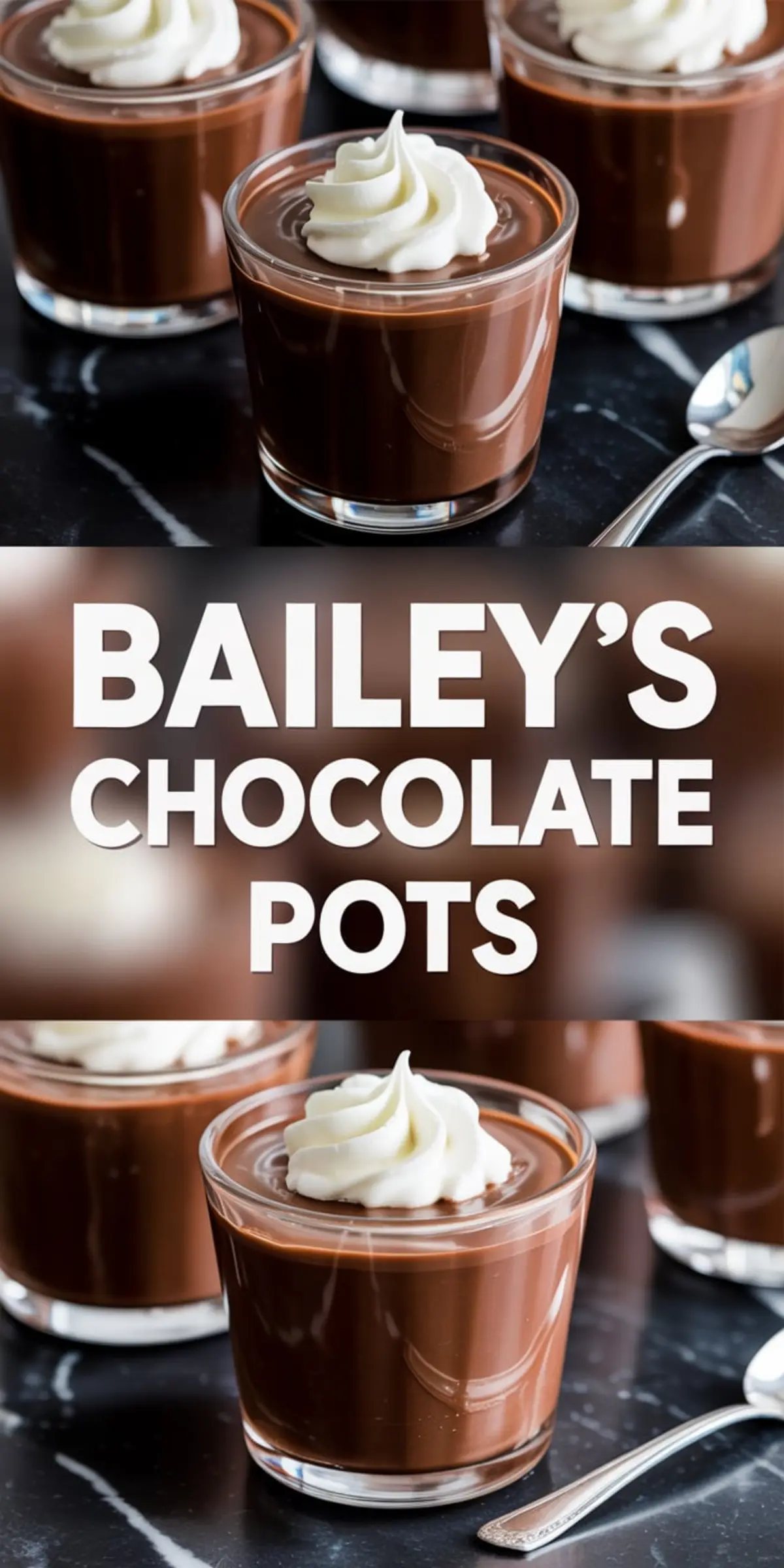Baileys chocolate pots served in short glass cups, garnished with piped whipped cream on a dark marble surface. A silver spoon rests beside one of the glasses, adding to the elegant dessert presentation.