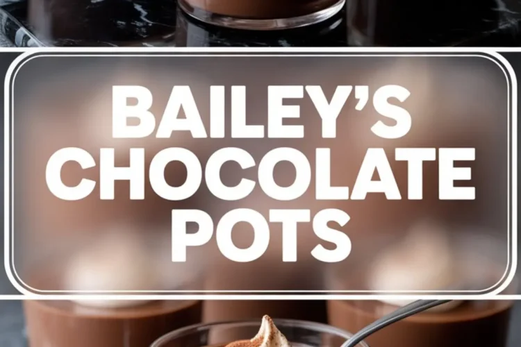 Glass pots filled with smooth Baileys chocolate dessert, topped with whipped cream and cocoa dusting, arranged on a glossy black surface. One foreground cup shows a spoon dipped into the mousse, emphasizing its silky consistency.