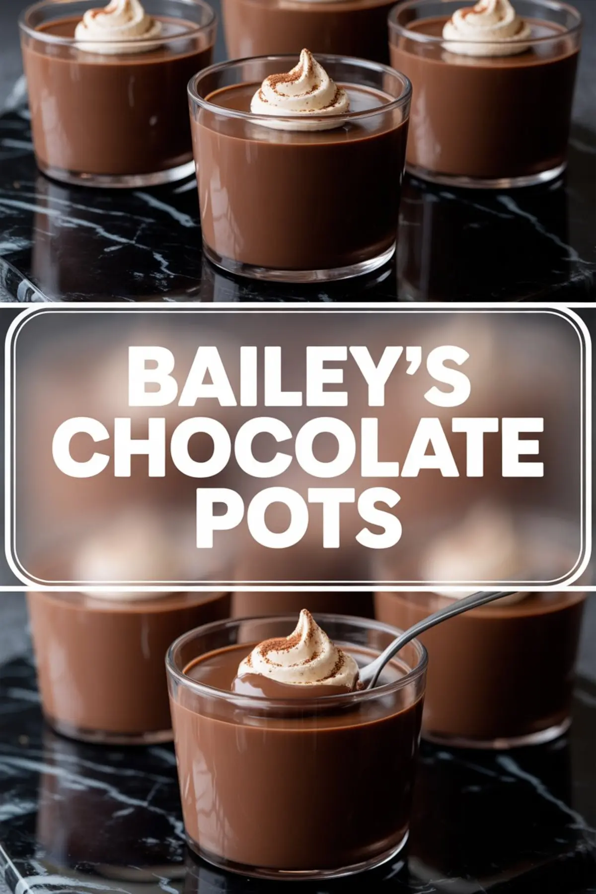 Glass pots filled with smooth Baileys chocolate dessert, topped with whipped cream and cocoa dusting, arranged on a glossy black surface. One foreground cup shows a spoon dipped into the mousse, emphasizing its silky consistency.