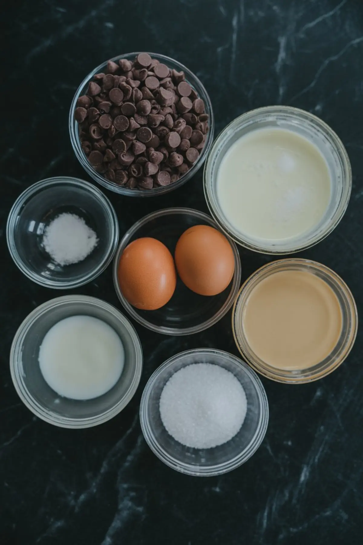 Top-down view of ingredients in glass bowls for Baileys chocolate pots, including chocolate chips, cream, sugar, eggs, milk, Baileys Irish Cream, and salt, arranged neatly on a dark marble surface.
