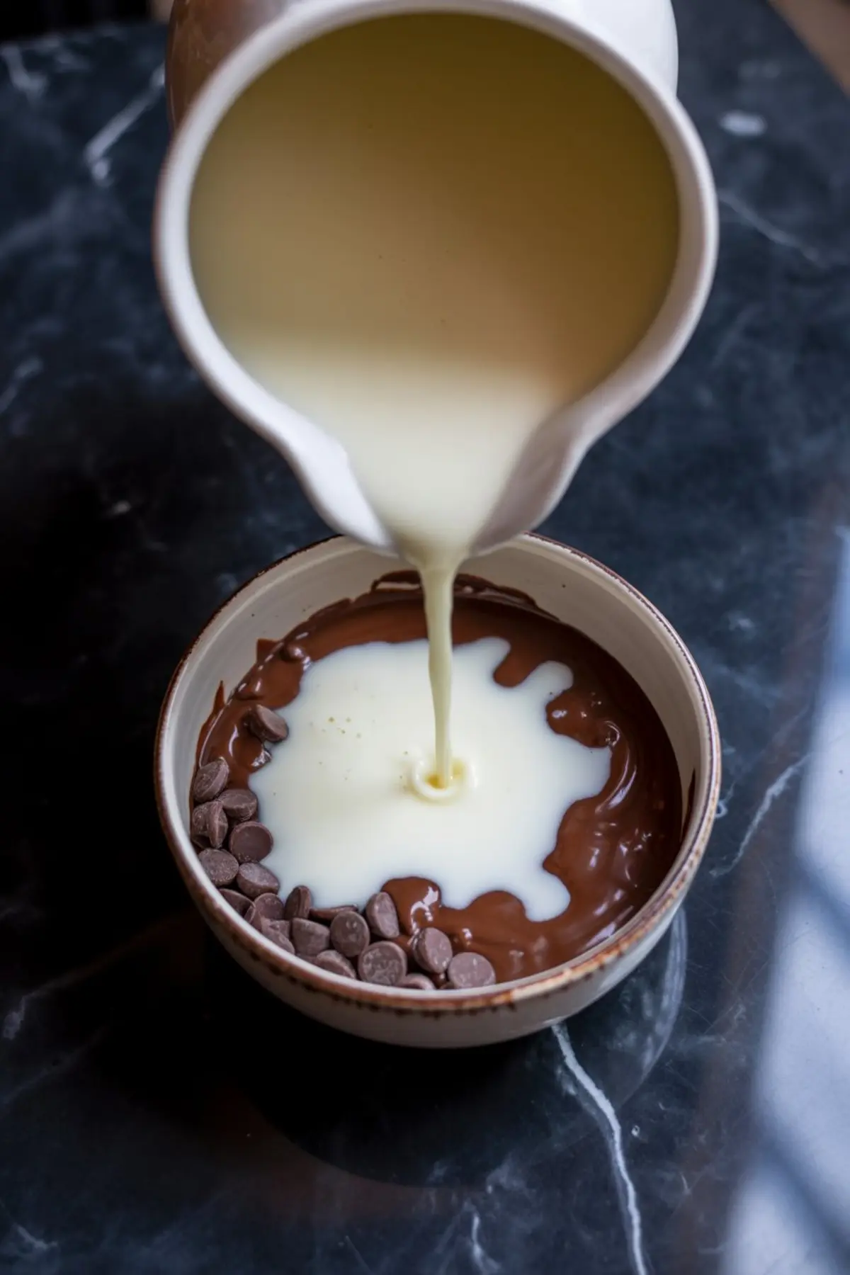 Stream of hot cream being poured from a white jug into a bowl of chocolate chips and melted chocolate, starting the ganache mixing process.