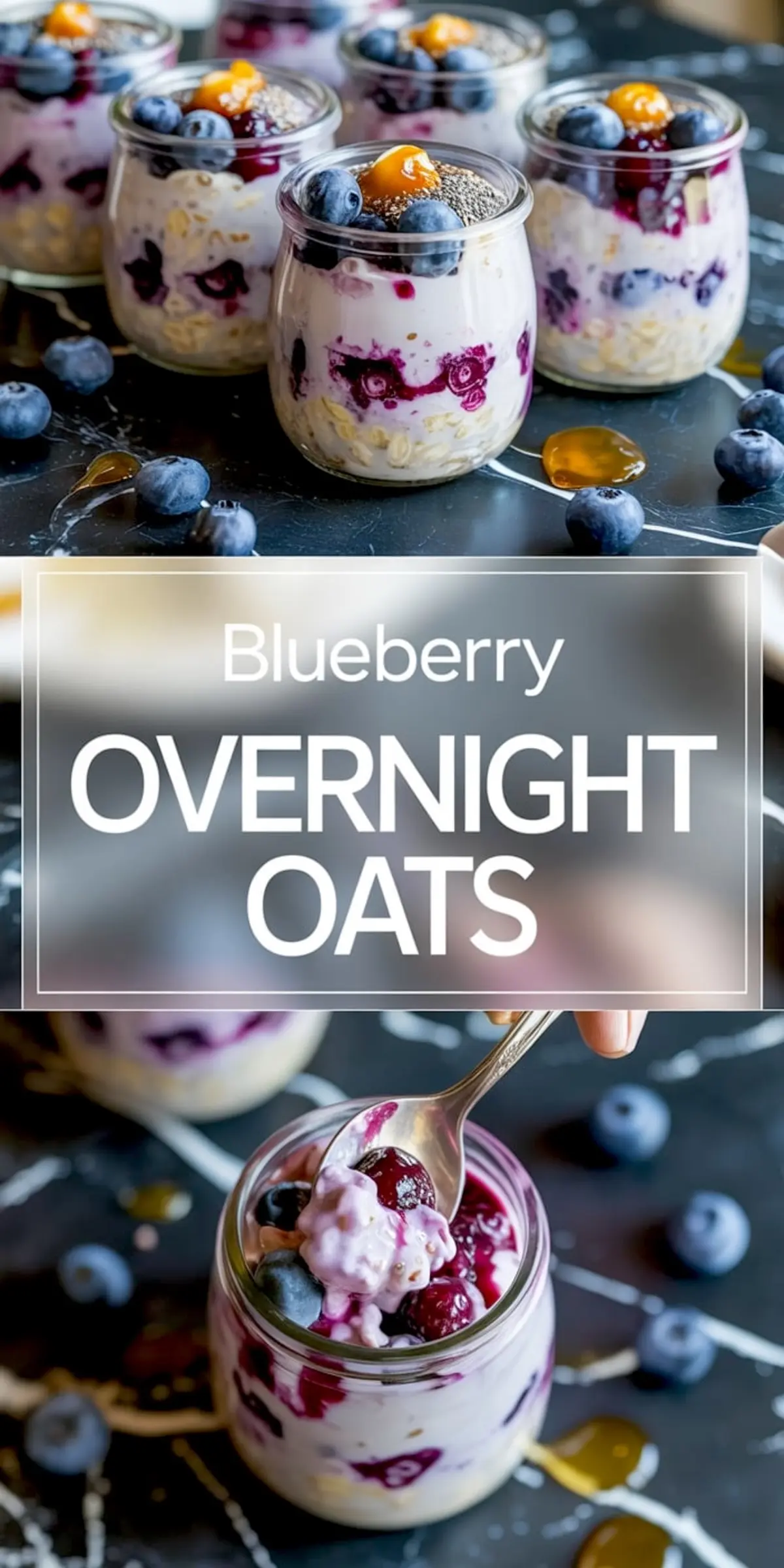Collage of blueberry overnight oats jars filled with creamy yogurt, blueberry swirls, oats, and fresh berries, topped with chia seeds and a dollop of golden fruit spread, styled for a vibrant breakfast display.