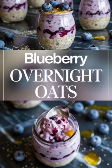 Collage of blueberry overnight oats served in jars with visible layers of oats, blueberry yogurt, and compote, garnished with fresh blueberries and honey, styled on a dark background for a visually rich breakfast recipe pin.