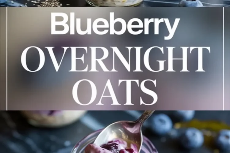 Collage of blueberry overnight oats served in jars with visible layers of oats, blueberry yogurt, and compote, garnished with fresh blueberries and honey, styled on a dark background for a visually rich breakfast recipe pin.