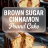 Horizontal collage of a sliced brown sugar cinnamon pound cake with a thick glaze, showing the caramel swirl inside and text overlay that reads “Brown Sugar Cinnamon Pound Cake.”