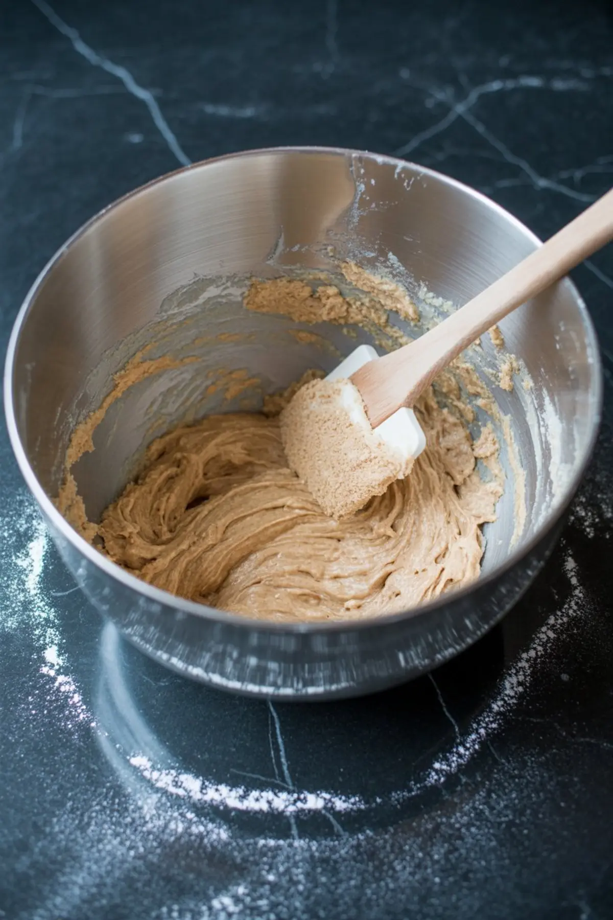 Light brown cinnamon batter partially mixed in a stainless steel bowl with a wooden spatula, surrounded by scattered flour on a black marble surface.