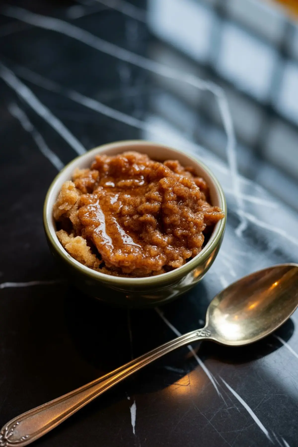 Small bowl of warm brown sugar cinnamon filling with a thick texture and glossy syrupy top, placed beside a vintage spoon.