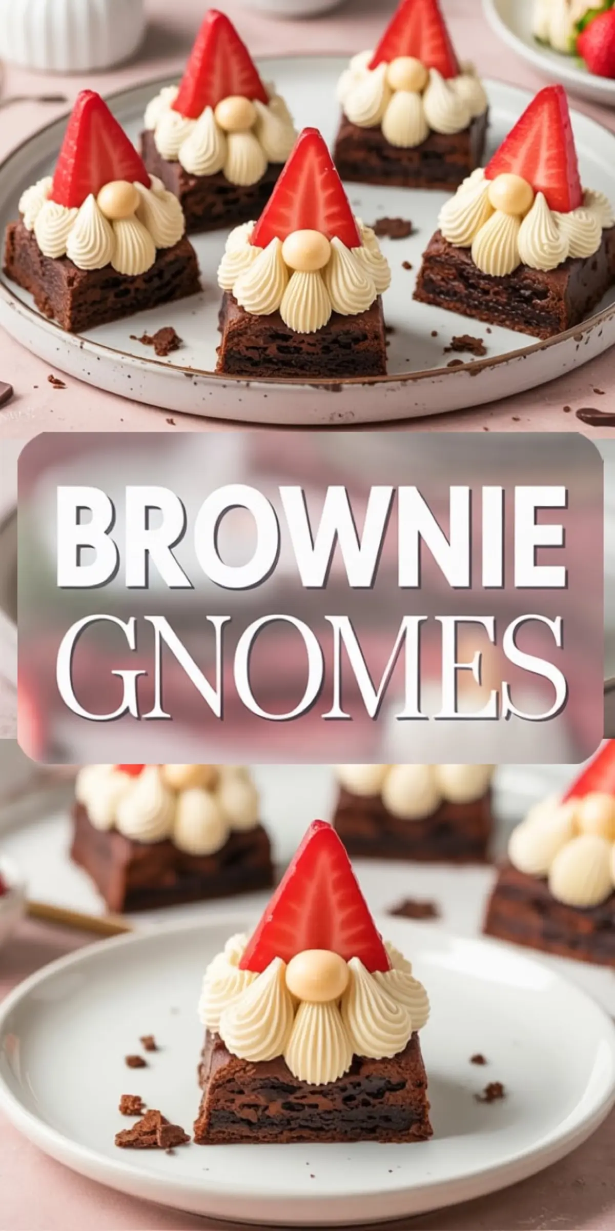 Festive Christmas gnome brownies made with fudgy chocolate squares, topped with piped vanilla buttercream, halved strawberries shaped as hats, and candy-coated chocolate noses, displayed on a ceramic plate and styled individually on a white dish.