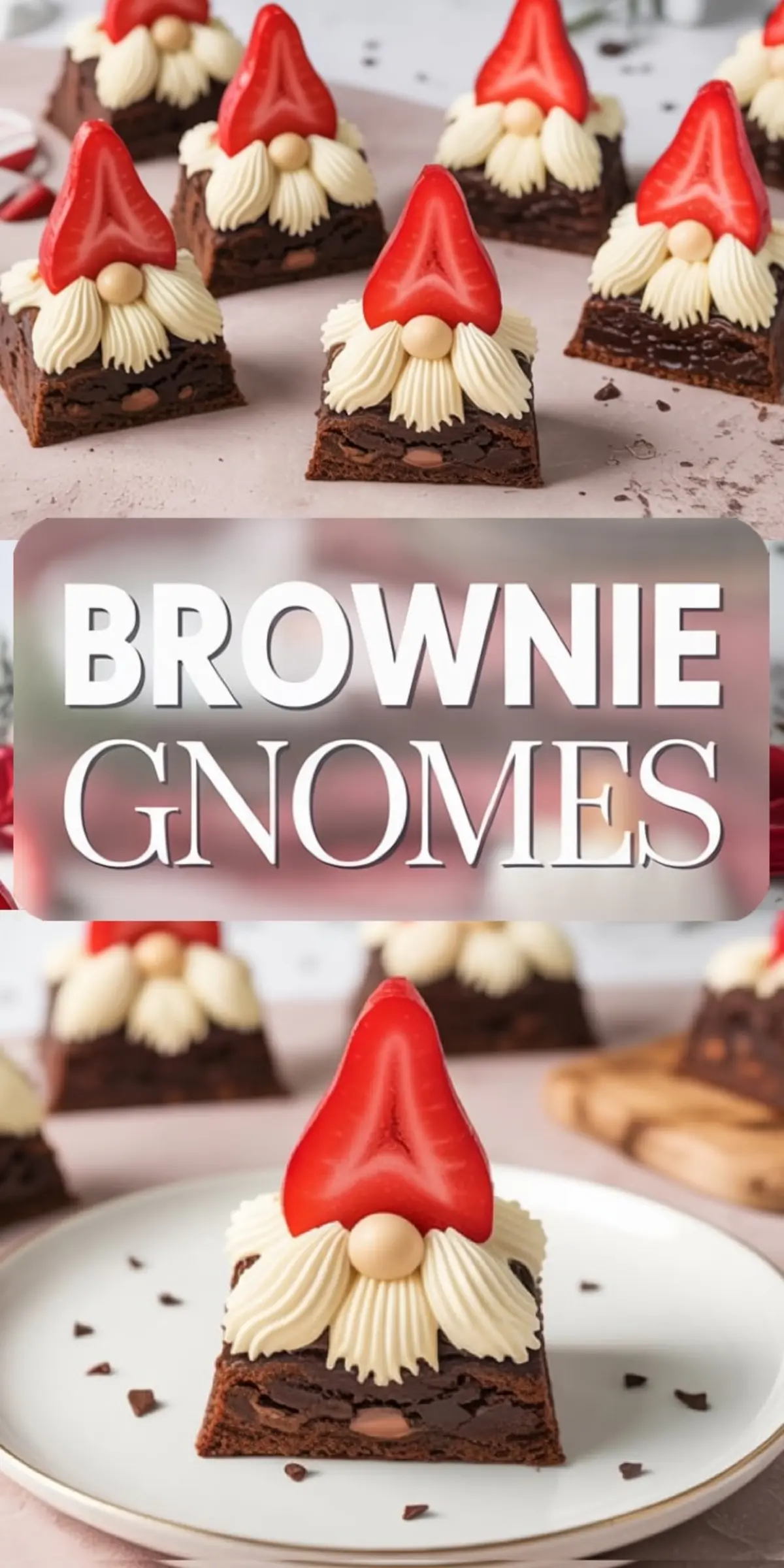 Holiday gnome brownies crafted from chocolate chip brownies, decorated with buttercream beards, fresh strawberry hats, and round candy noses, arranged on light pink parchment and shown close-up for serving inspiration.