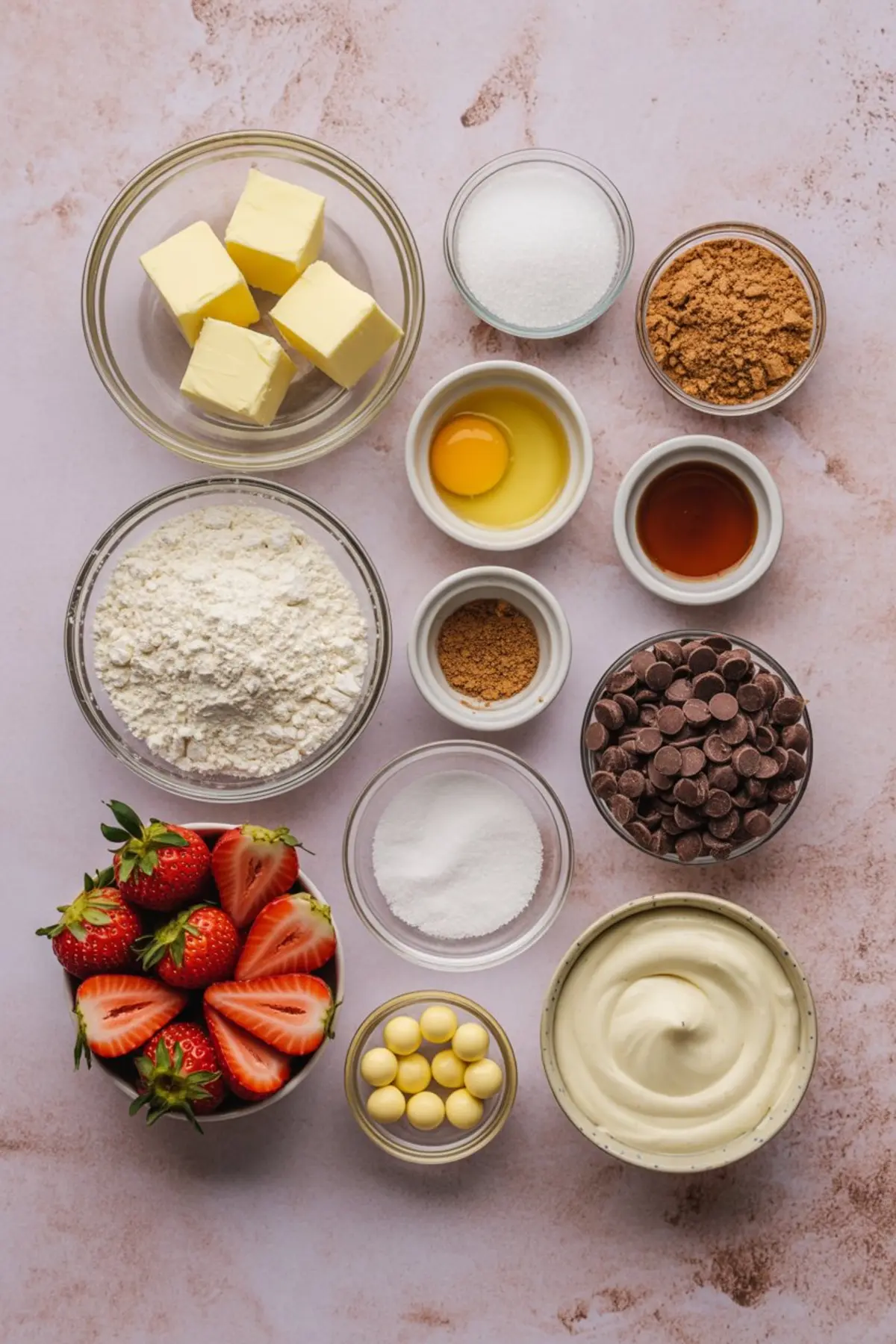 Flat lay of brownie ingredients including cubed butter, granulated sugar, brown sugar, cocoa powder, flour, baking soda, vanilla extract, egg, strawberries, chocolate chips, round candies, and a bowl of whipped frosting on a pink background.