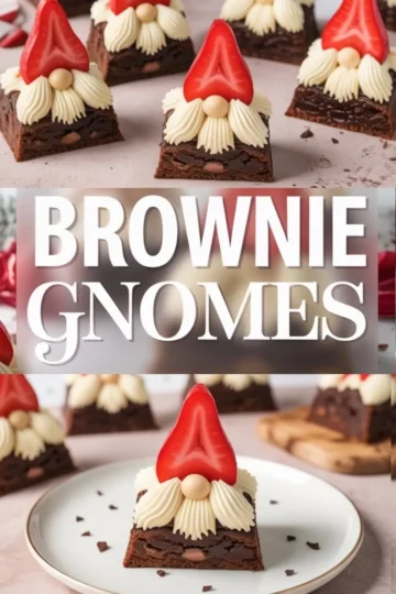 Whimsical gnome-themed brownies decorated with rich chocolate bases, piped vanilla frosting, halved strawberry hats, and golden candy noses, presented for Christmas dessert ideas or edible holiday crafts.