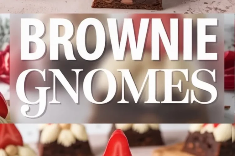 Whimsical gnome-themed brownies decorated with rich chocolate bases, piped vanilla frosting, halved strawberry hats, and golden candy noses, presented for Christmas dessert ideas or edible holiday crafts.