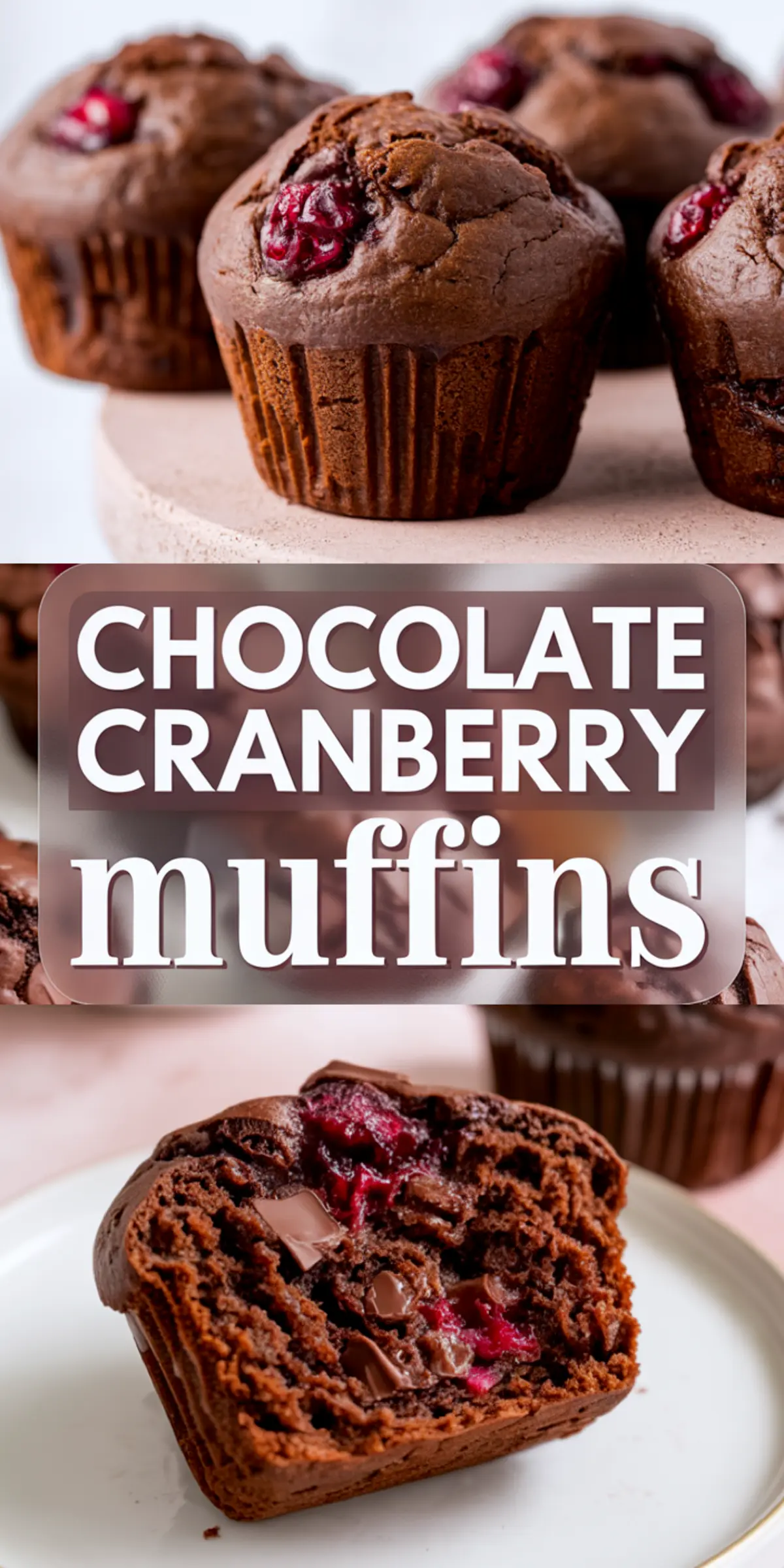 A collage shows chocolate cranberry muffins on a pale stand at the top. Bold text in the center reads chocolate cranberry muffins. A cut muffin on a white plate at the bottom shows melted chocolate pieces and bright cranberries inside the soft crumb.