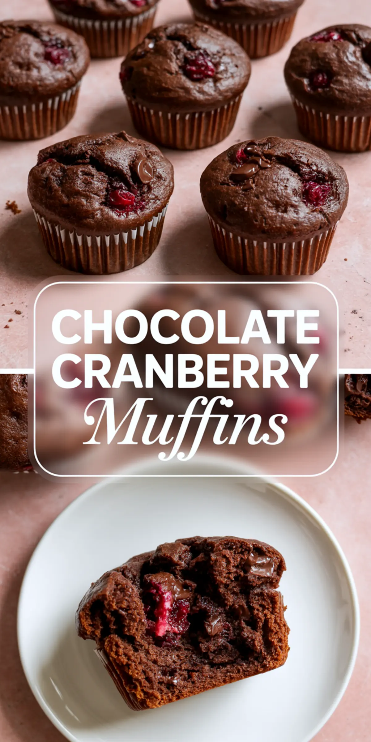 A tall collage showing a group of chocolate cranberry muffins on a pink surface, a centered recipe title panel, and a cut muffin on a white plate with rich chocolate texture and bright cranberries.