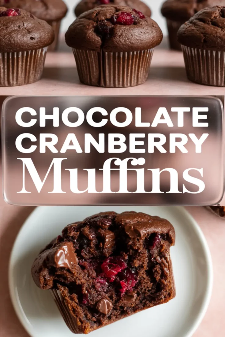 A tall collage with rows of chocolate cranberry muffins on a pink surface, a bold recipe title panel, and a cut muffin on a white plate showing melted chocolate pieces and tart cranberries.