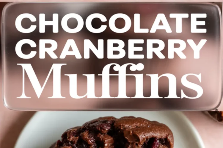 A tall collage with rows of chocolate cranberry muffins on a pink surface, a bold recipe title panel, and a cut muffin on a white plate showing melted chocolate pieces and tart cranberries.