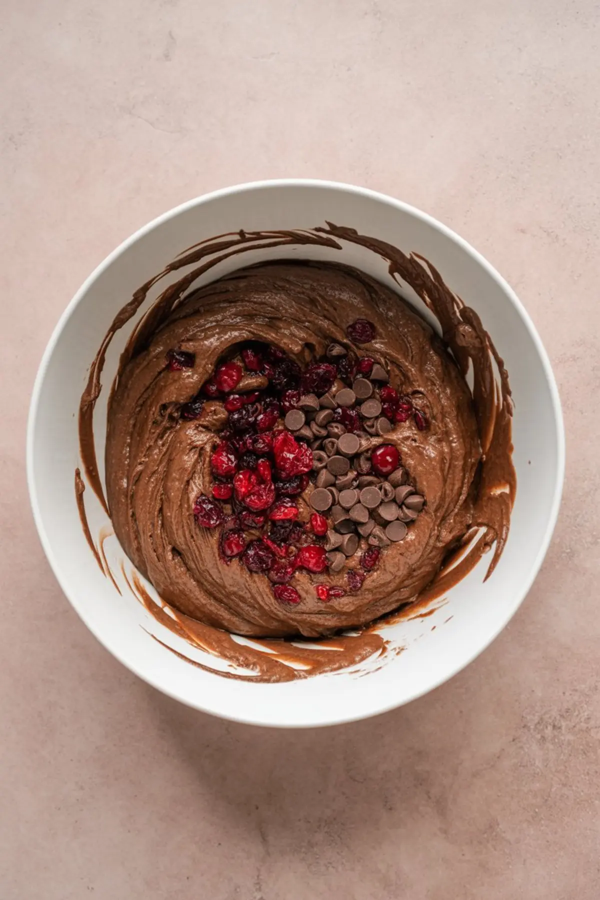 A bowl of dry baking ingredients including cocoa powder, flour, sugar, and spices with a metal whisk resting on top. Soft pink background highlights the contrast of brown and white powders.