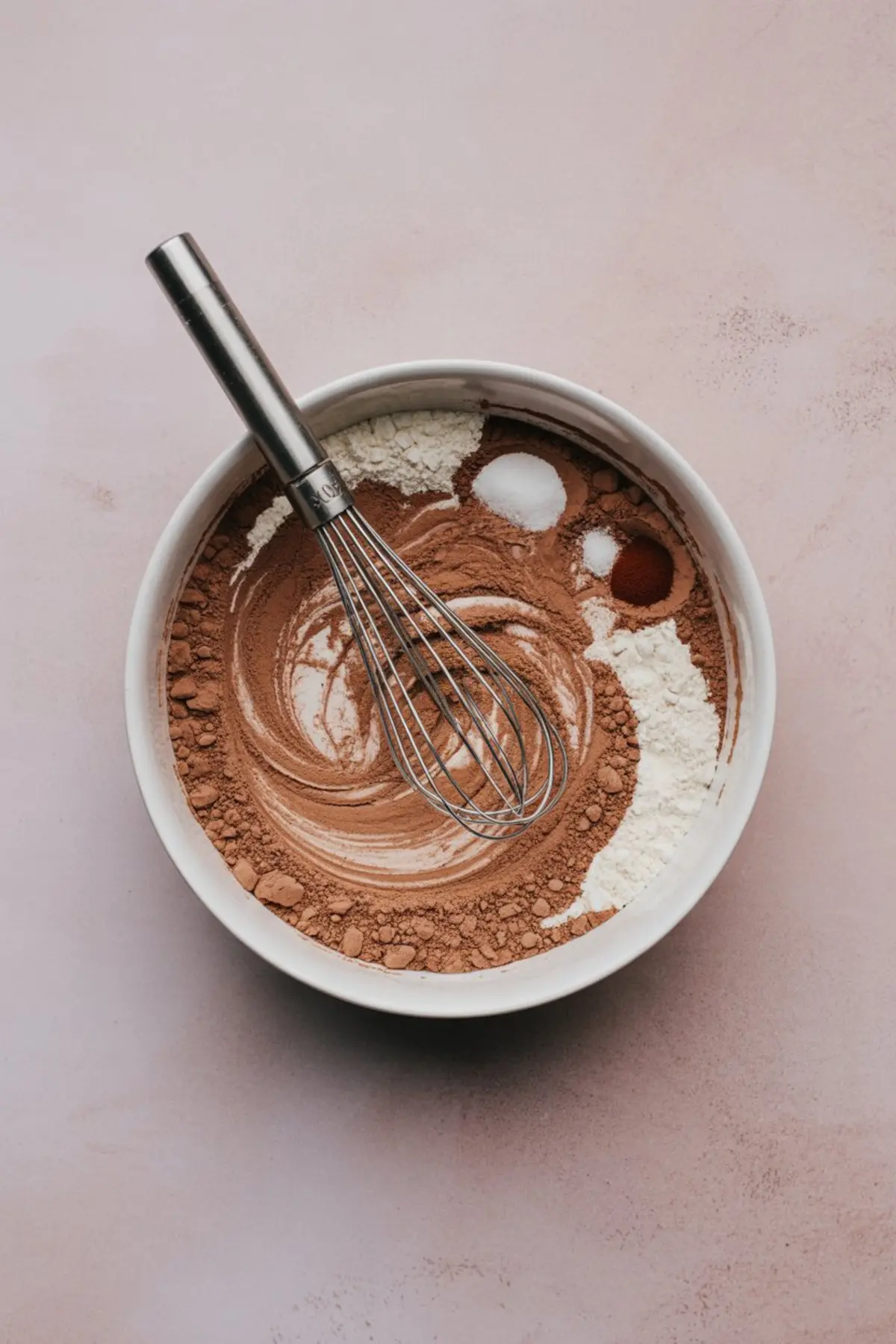 A white bowl holds cocoa powder, flour, sugar, and spices with a metal whisk resting on top. The ingredients sit in separate piles that show their contrasting colors.