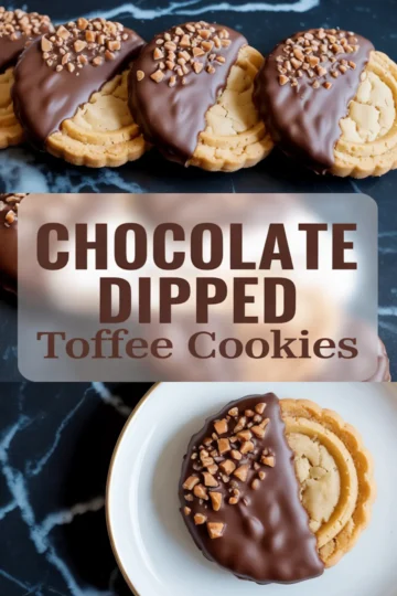 Chocolate dipped toffee cookies with scalloped edges displayed on a black marble surface and a white plate, with a centered label that reads “Chocolate Dipped Toffee Cookies.”