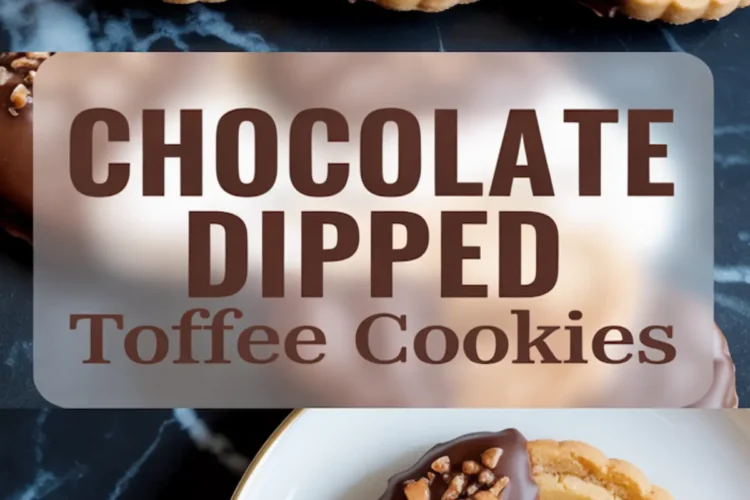 Chocolate dipped toffee cookies with scalloped edges displayed on a black marble surface and a white plate, with a centered label that reads “Chocolate Dipped Toffee Cookies.”