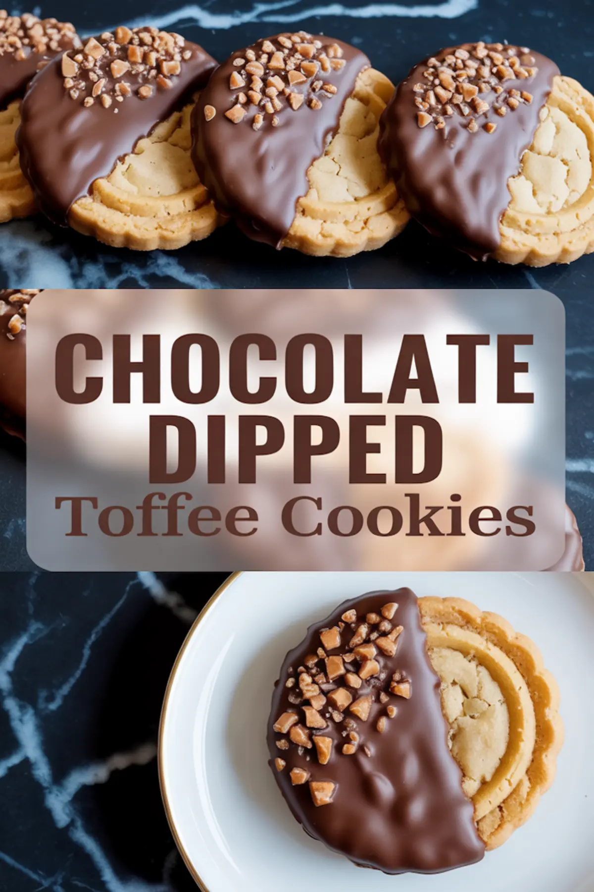 Chocolate dipped toffee cookies with scalloped edges displayed on a black marble surface and a white plate, with a centered label that reads “Chocolate Dipped Toffee Cookies.”