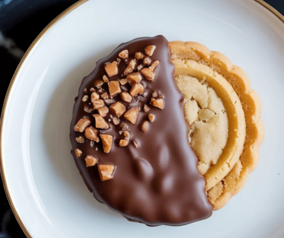 Close-up of a single chocolate dipped toffee cookie on a white plate with gold trim, featuring a half-dipped chocolate coating topped with crunchy toffee pieces.