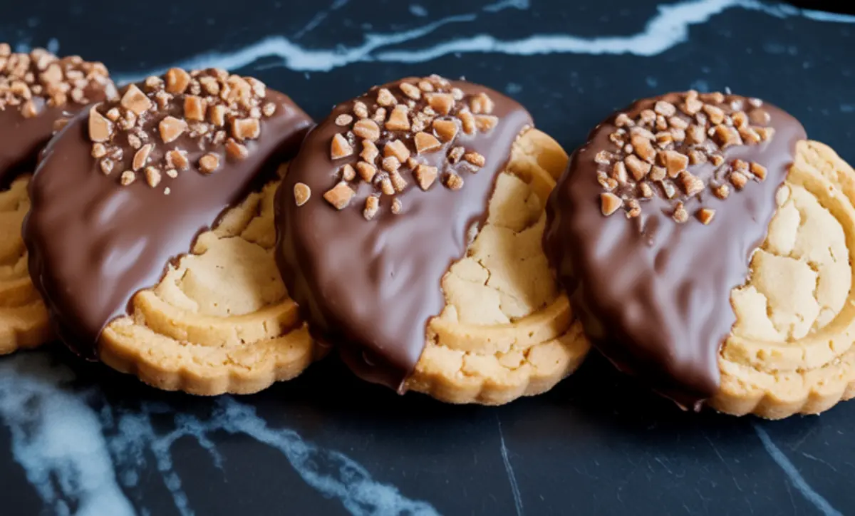 Row of three chocolate dipped toffee cookies arranged on a dark marble background, each topped with chopped toffee bits over glossy chocolate.
