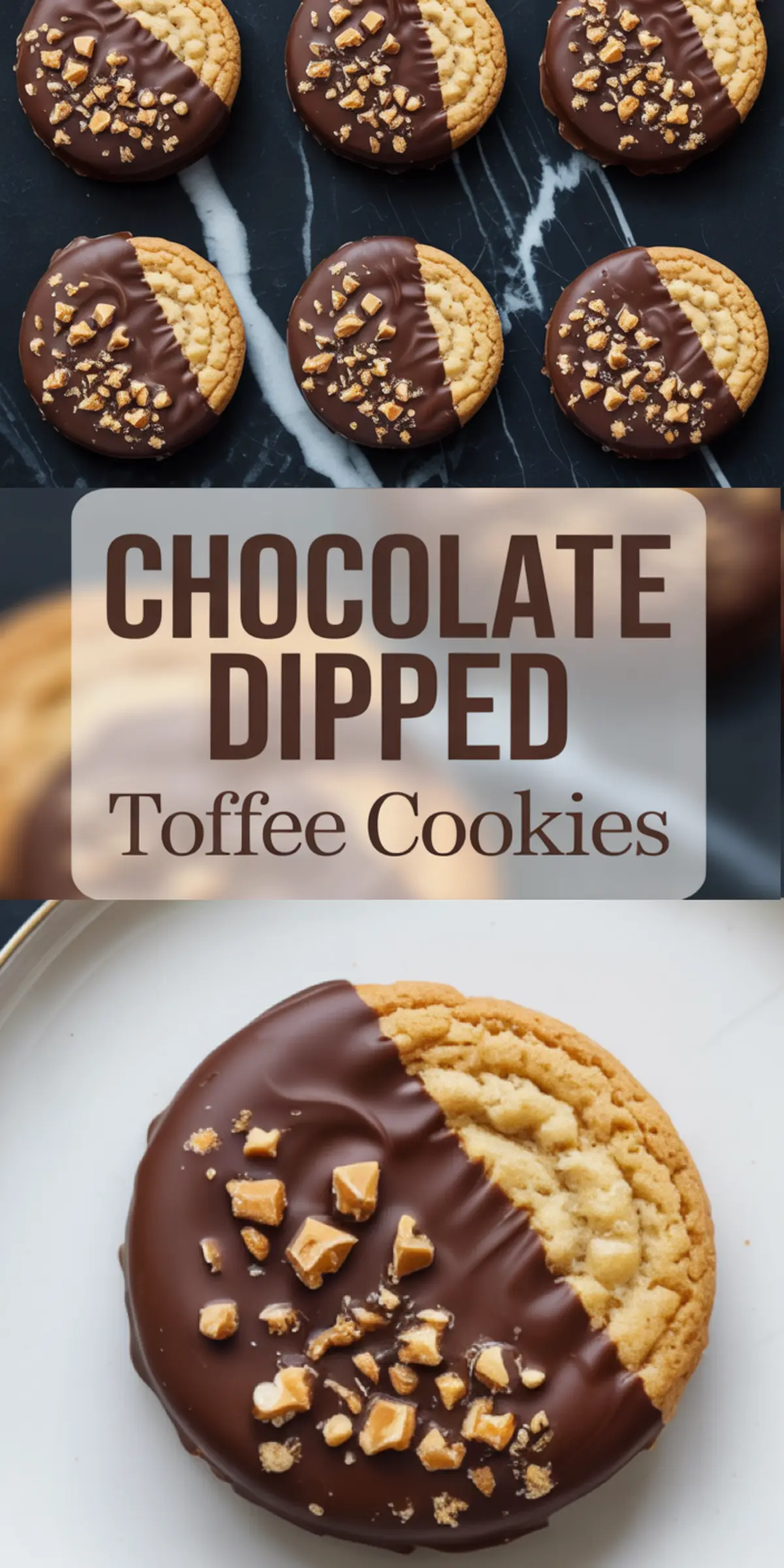 Round chocolate dipped toffee cookies with crinkled edges displayed on a dark surface and a white plate, coated with glossy chocolate and sprinkled with golden toffee chunks, with a central text overlay that reads “Chocolate Dipped Toffee Cookies.”