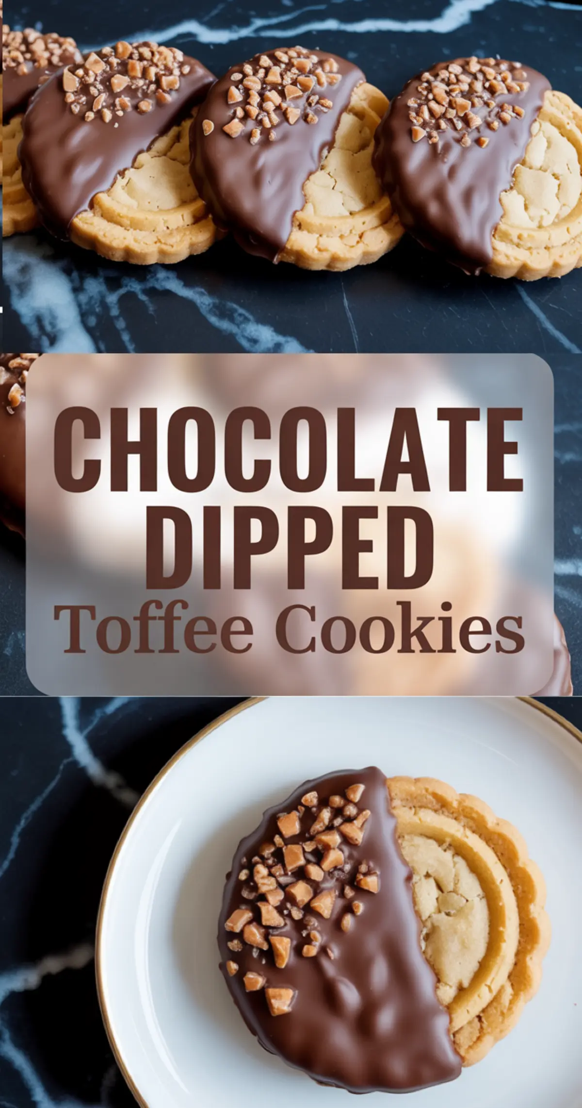 Chocolate dipped toffee cookies with scalloped edges topped with crushed toffee bits, displayed on a dark marble background and a white plate, with a text overlay that reads “Chocolate Dipped Toffee Cookies.”