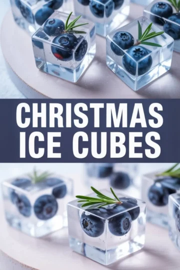 Clear ice cubes with blueberries and sprigs of rosemary frozen inside, displayed on a blush-toned tray. The top image shows a close-up from above with sharp detail, and the bottom image highlights the cubes from a side angle, emphasizing the embedded ingredients. Bold text in the center reads “Christmas Ice Cubes” in all caps.