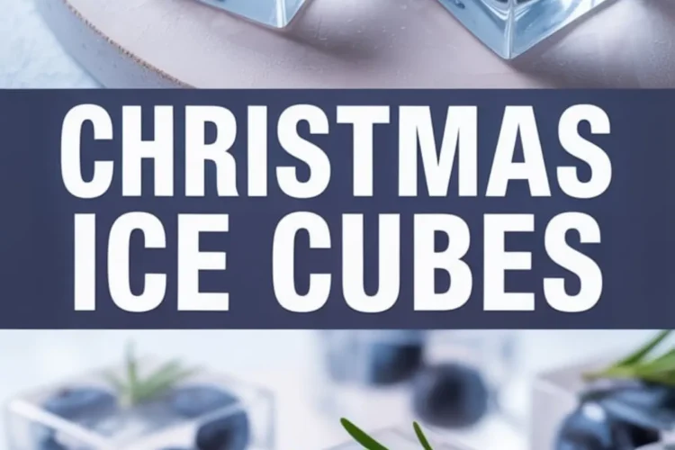 Clear ice cubes with blueberries and sprigs of rosemary frozen inside, displayed on a blush-toned tray. The top image shows a close-up from above with sharp detail, and the bottom image highlights the cubes from a side angle, emphasizing the embedded ingredients. Bold text in the center reads “Christmas Ice Cubes” in all caps.