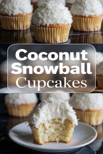 Collage image with coconut snowball cupcakes in focus, topped with whipped frosting and shredded coconut, and a close-up of a bitten cupcake showing the soft texture.